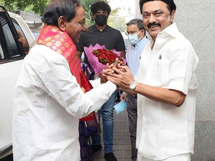 MK Stalin Welcomes CM KCR at the former's residence. (Image: ANI)
