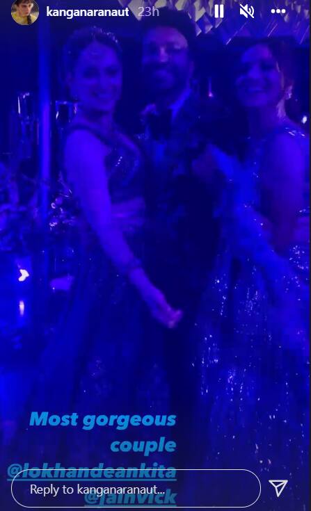 The ‘Thalaivii’ actress struck a pose with the bride and groom-to-be and tagged them as the most lovely couple. Ankita and Vicky’s Sangeet ceremony was a gala event with several television actors attending the function.