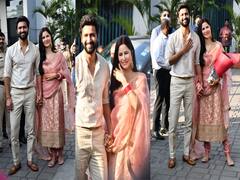 लाल चूड़ा, मांग में सिंदूर और Vicky Kaushal का हाथ थामे मुंबई पहुंचीं नई नवेली दुल्हन Katrina Kaif, गुलदस्ते से हुआ कपल का स्वागत