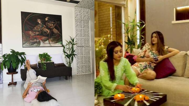 लिविंग रूम में बड़ी खिड़कियां, बालकनी, डिजाइनर वॉलपेपर्स, पर्दों और सोफे पर कलरफुल कुशन से खूबसूरत लुक देखने को मिलता है. श्वेता ने लिविंग रूम में एक कैबिनेट भी बनवाया है जिसमें उन्होंने सालों से मिले अवॉर्ड्स सजाकर रखे हैं.