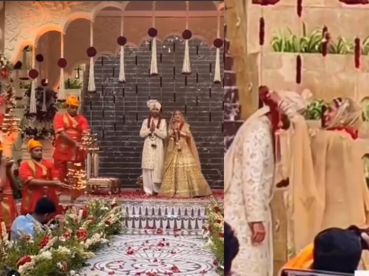 Ankita Lokhande and Vicky Jain wore Jaimala between chanting and did worship god Ankita Lokhande Vicky Jain Wedding: शंखों की ध्वनि और मंत्रोच्चारण के बीच अंकिता लोखंडे और विक्की जैन ने पहनाई जयमाला, स्टेज पर की पूजा