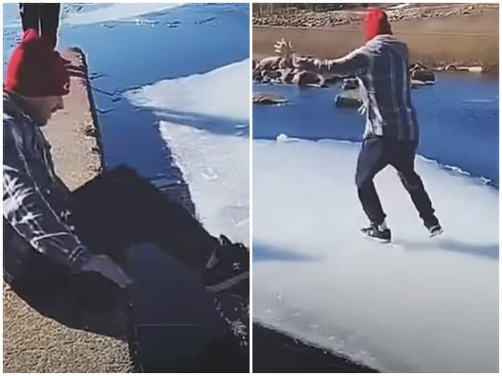 A boy unique idea video getting viral he made a boat out of snowflakes Watch: इस युवक ने सोशल मीडिया पर बहाई क्रिएटिविटी की 'नदी', बर्फ के टुकड़े को बना दिया नाव