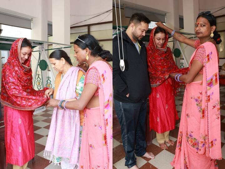 Tejashwi Yadav Wedding: लालू प्रसाद यादव के छोटे बेटे और नेता प्रतिपक्ष तेजस्वी यादव हाल ही में अपनी बचपन की दोस्त के साथ शादी के बंधन में बंधे हैं. जिसके बाद पटना तेजस्वी के साथ पटना पहुंचने पर नई दुल्हन का जोरदार स्वागत किया गया. वहीं इस दौरान लालू प्रसाद के घर पर किन्नर भी नई जोड़े को आशीर्वाद देने के लिए पहुंचे. देखिए इक दौरान की कुछ खास तस्वीरें....