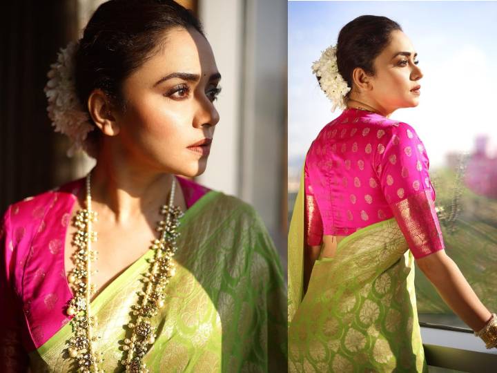 Gorgeous Amruta khanvikar -South Indian Saree #amrutakhanvikar | South  indian sarees, Saree trends, Wedding saree blouse designs