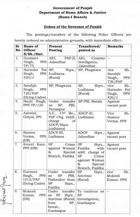 ਰਾਤੋਂ-ਰਾਤ DGP ਦੀ ਬਦਲੀ ਮਗਰੋਂ 10 PPS ਤੇ 1 IPS ਵੀ ਟ੍ਰਾਂਸਫਰ