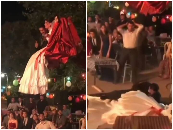 The entry plan of the bride and groom from JCB failed and fell on the floor Watch: दूल्हा-दुल्हन का JCB से एंट्री प्लान हुआ फेल, धड़ाम से फर्श पर गिरे