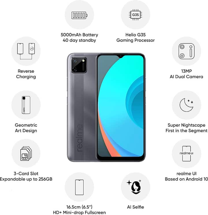 Realme c11 रीयलमी का सबसे सस्ता स्मार्टफोन है, इसकी कीमत 7499 रुपये है. इसमें 5000mAh की बैटरी दी गई है. इसके अलावा इसमें 2GB की रैम के साथ 32GB की इंटरनल मैमोरी दी गई है. इसकी डिस्प्ले 6.5 इंच की है.