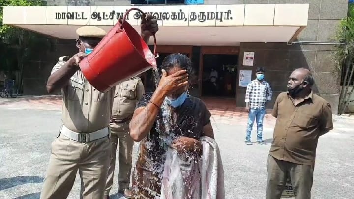 2 women tried to suicide by pouring kerosene on them  in Dharmapuri collector office தருமபுரி ஆட்சியர் அலுவலகம் முன் இருவேறு பிரச்னைகளில் இரு பெண்கள் தீக்குளிக்க முயற்சி