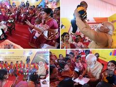 Prayagraj में पीएम मोदी का नया 'अवतार', बच्चों को स्नेह से गोद में लेकर दुलारा, देखें खास तस्वीरें