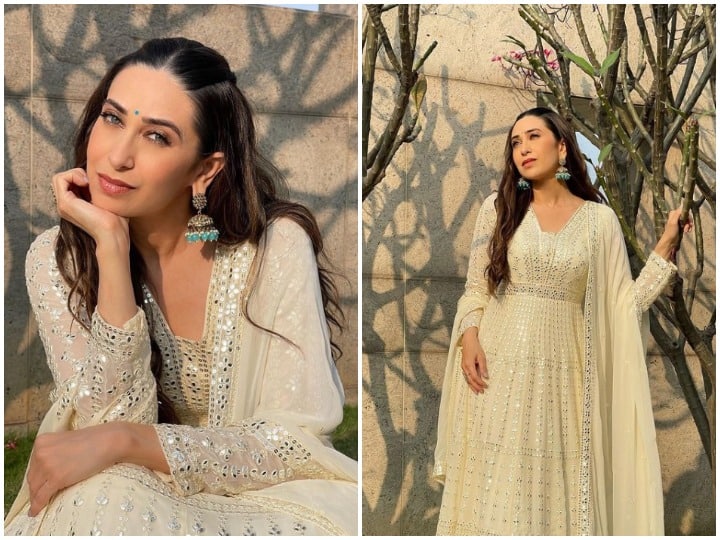 Karisma Kapoor looks simply angelic in Neeru's Anarkali and shows how to make a desi statement Karishma Kapoor New Look: V-Neck अनारकली ड्रेस में कहर ढा रही हैं Karishma Kapoor, वेडिंग सीजन के लिए ये आउटफिट है बेस्ट ऑप्शन