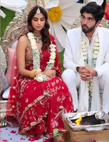 The bride Meghna Goyal looked lovely in a red lehenga. The groom looked a dapper in a white ensemble. (All Picture Credit: Instagram)