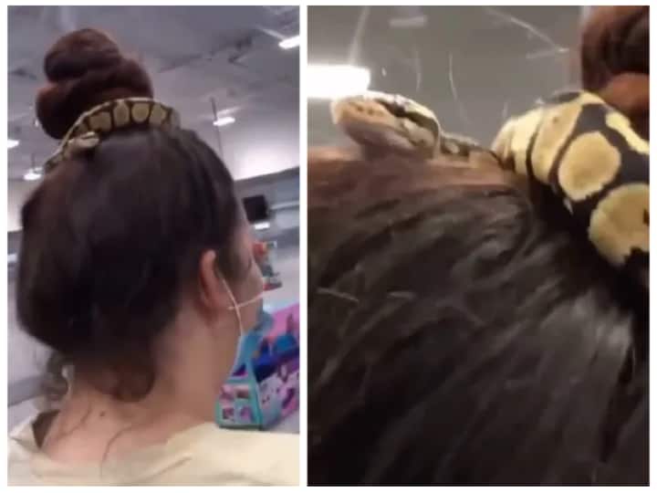 Woman uses snake as hairband while shopping at mall, Video Goes Viral Snake On Head: వీడియో: వామ్మో.. కొప్పులో పాము, ఆమె జడను చూసి జడుసుకున్న జనం