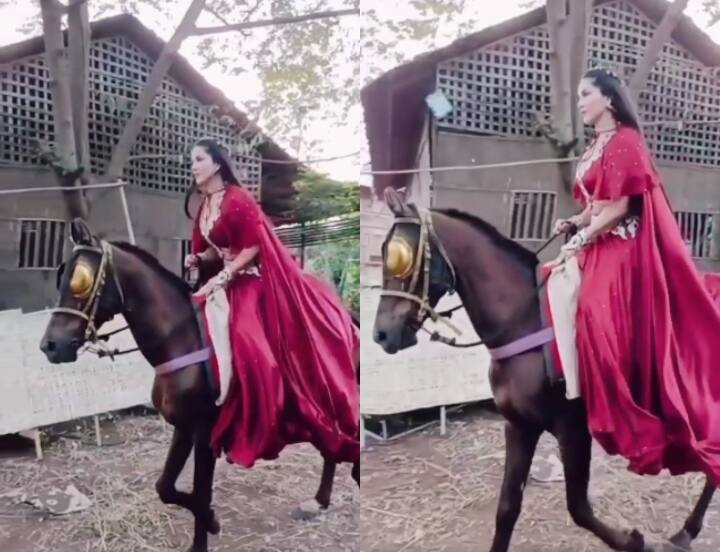 sunny leone shared video riding on horse in the search of her Outlander, fans goes confused Watch: घोड़े पर सवार होकर Queen की तरह सजकर किसे खोजने निकल पड़ी सनी लियोनी? फैंस हुए हैरान