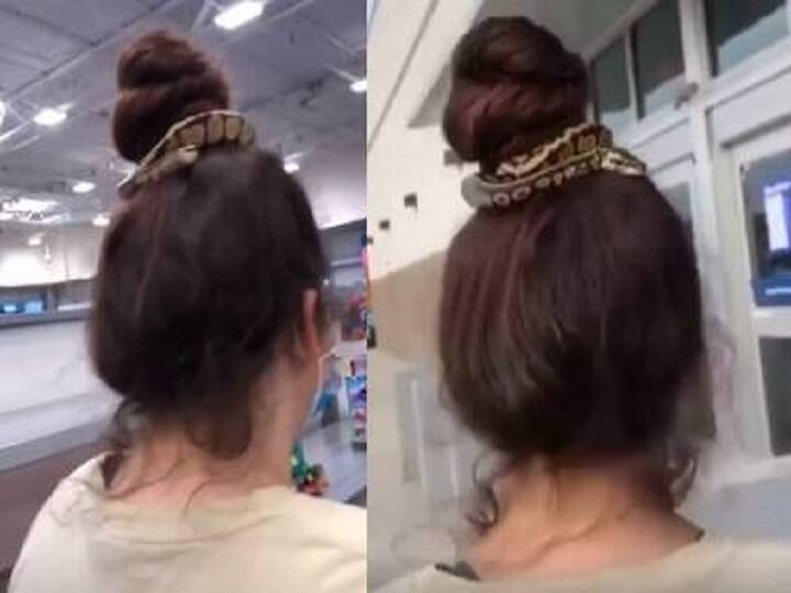 Viral video Woman uses snake as hairband while shopping at mall Watch Video: ‛நீதாம்மா... ஒரிஜினல் நாகினி...’ ஹேர் பேண்டுக்கு பதிலாக பாம்பை தலையில் சுற்றிவந்த பெண்!