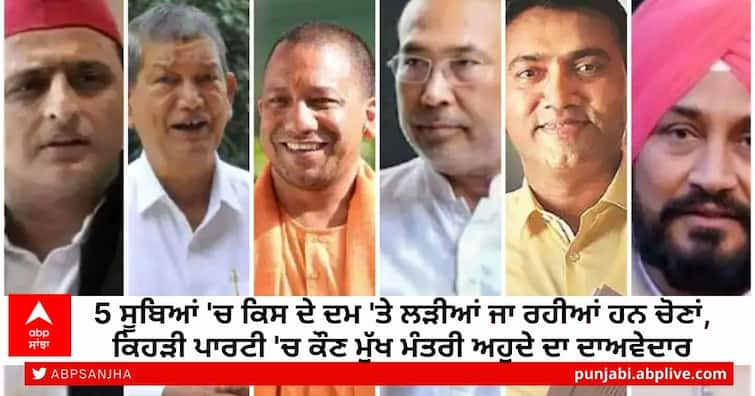 Five States assembly election 2022 CM Candidate of BJP Congress TMC AAP UP Uttarakhand Punjab Goa Manipur Assembly Election 2022: 5 ਸੂਬਿਆਂ 'ਚ ਕਿਸ ਦੇ ਦਮ 'ਤੇ ਲੜੀਆਂ ਜਾ ਰਹੀਆਂ ਹਨ ਚੋਣਾਂ, ਕਿਹੜੀ ਪਾਰਟੀ 'ਚ ਕੌਣ ਮੁੱਖ ਮੰਤਰੀ ਅਹੁਦੇ ਦਾ ਦਾਅਵੇਦਾਰ