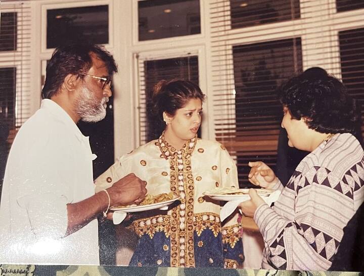 பாட்ஷா படத்தின் படப்பிடிப்பின்போது ரஜினிகாந்த், லதா ரஜினிகாந்துடன் நக்மா