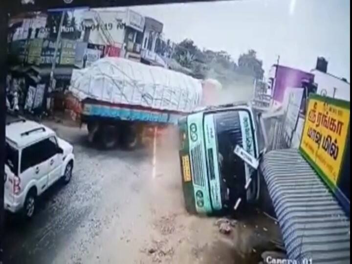 Cctv footage of a lorry crashing into a government bus near Coimbatore Watch Video : அரசுப்பேருந்து மீது லாரி மோதி விபத்து - மனதை பதைபதைக்க வைக்கும் சிசிடிவி காட்சிகள்