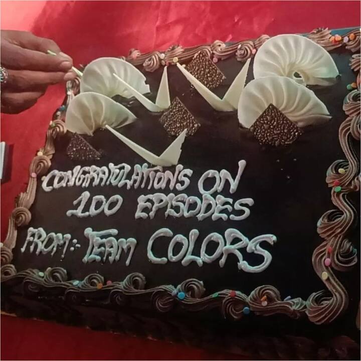 ‘Balika Vadhu’ is based on child marriage. The show has recently taken a leap introducing the characters as grown-ups. The huge cake by the Colors team had Congratulations written on it for successfully completing 100 episodes.