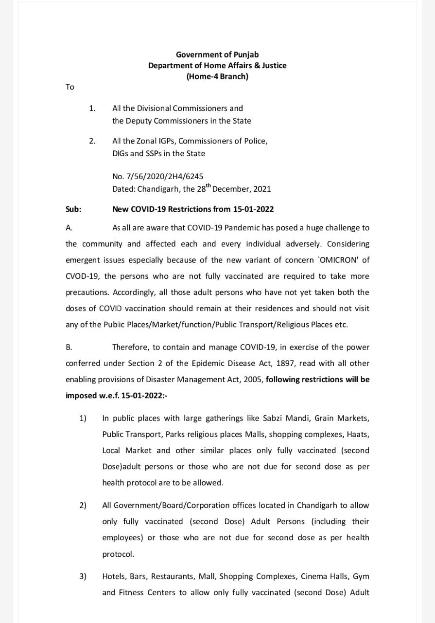 ਓਮੀਕ੍ਰੋਨ ਦੇ ਕਹਿਰ ਨੂੰ ਵੇਖਦਿਆਂ ਪੰਜਾਬ 'ਚ ਨਵੇਂ ਦਿਸ਼ਾ-ਨਿਰਦੇਸ਼ ਲਾਗੂ, ਇਹ ਲੋਕ ਜਨਤਕ ਥਾਵਾਂ ’ਤੇ ਨਹੀਂ ਜਾ ਸਕਣਗੇ