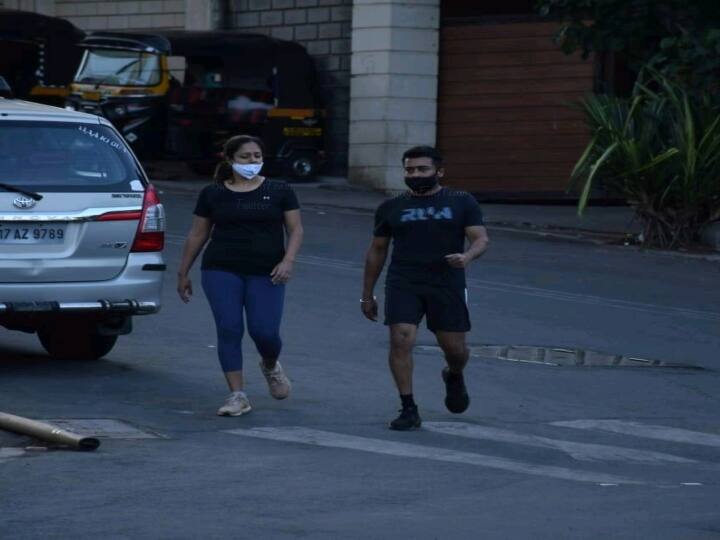 suriya | joythika |  Couple Goals -  மும்பையில் மனைவியுடன் வாக்கிங் செல்லும் சூர்யா ! - வைரலாகும் மார்னிங் கிளிக்ஸ்!