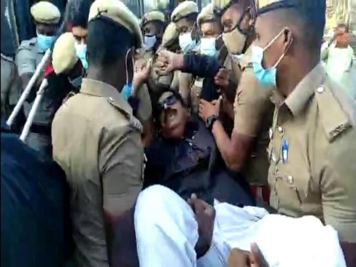 Protesters arrested for holding RSS saga training at school பள்ளியில் ஆர்.எஸ்.எஸ் சாகா பயிற்சி - போராட்டம் நடத்திய தபெதிகவினர் குண்டுகட்டாக கைது