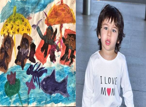 कहीं गुलाबी, कहीं पीला, कहीं नीला तो कहीं हरा....रंगों से तैमूर को प्यार है और जब भी मौका मिलता है वो पेन्टिंग में जुट जाते हैं. कभी जंगल का राजा शेर तो कभी परिवार के सदस्यों की पेन्टिंग. (फोटो – सोशल मीडिया)