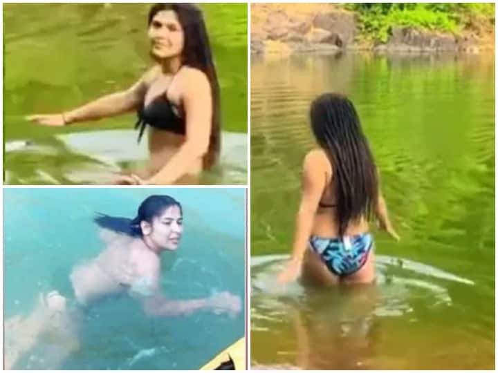 Taarak Mehta Ka Ooltah Chashmah fame sonu aka Nidhi Bhanushali take bath in forest in bikini sizzling video goes viral Watch: तारक मेहता... की सोनू हो गई हैं बेहद सिजलिंग, जंगल में बिकिनी पहन नहाते हुए शेयर कर दिया ये वीडियो