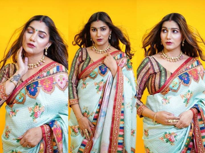 सपना चौधरी (Sapna Choudhary) ने हाल ही में साड़ी में नई तस्वीरें शेयर की हैं. सपना की उड़ती जुल्फें और कजरारी आंखें फैंस को दीवाना बना रही हैं.