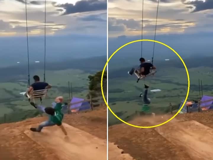 Viral Video: Man Survives falling into valley while swinging with his friend behind a ditch Viral Video: లోయ అంచులో ఉయ్యాల జంపాల ఆట.. ఇతను జస్ట్ మిస్! ఒళ్లు గగుర్పొడిచే వీడియో