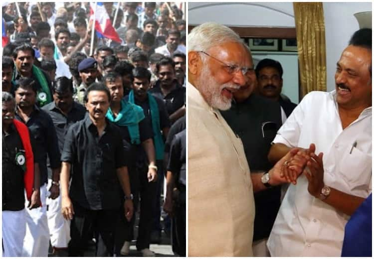 DMK which used to campaign for GoBackModi has now changed plans and welcomes PM Modi GoBackModi ட்ரெண்ட்... திமுக ஆட்சிக்கு முன்பும், பின்பும்.. மாறும் நிலைப்பாடுகளும், காட்சிகளும்!