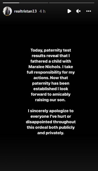 Tristan Thompson Publicly Apologizes To EX Khloe Kardashian After Admitting He Fathered Maralee Nichols' Baby