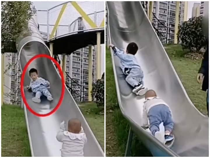 Child save kid on slippery slide swing see full viral video Watch: स्लिपरी स्लाइड पर झूल रहे बच्चे की समझदारी के कायल हुए लोग, वीडियो देखकर आप भी करेंगे तारीफ