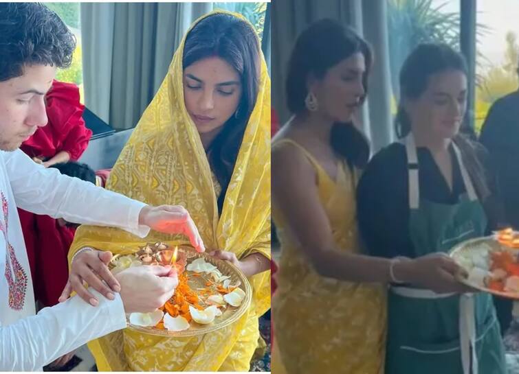 Priyanka chopra and Nick Jonas Diwali video goes viral in which actress performs aarti with her chef in LA Watch: Priyanka Chopra ने अपनी विदेशी कुक को सिखाया आरती करना, वायरल वीडियो को देख फैंस कर रहे जमकर तारीफ