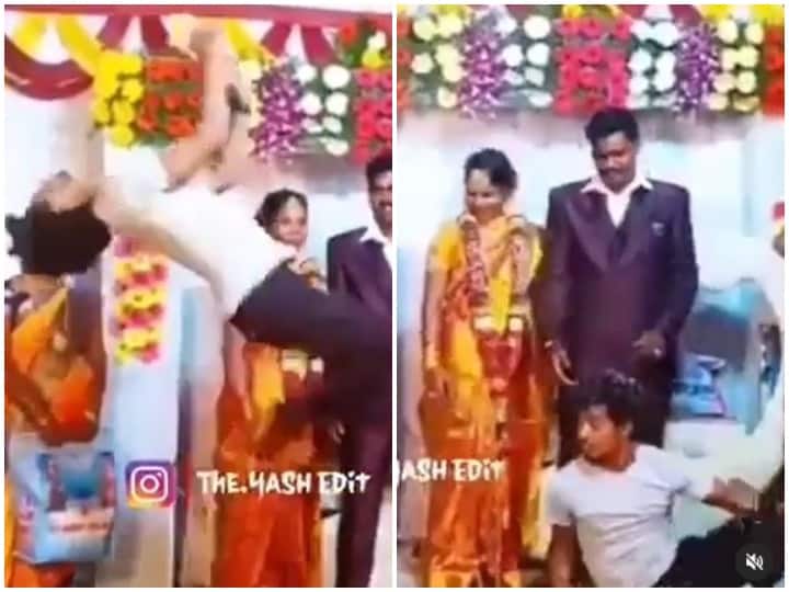 Boy trying to surprise bride-groom by giving gift in unique style, but falls down during stunt Watch: दूल्हा-दुल्हन को सरप्राइज देने के लिए स्टेज पर कर रहा था स्टंट, फिर हुआ ऐसा कि खुद मिल गया सरप्राइज