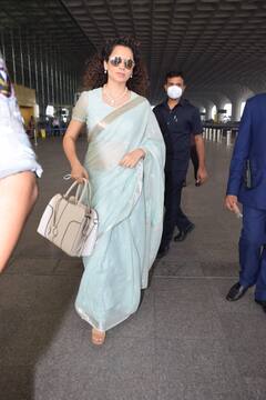 IN PICS| Kangana Ranaut Ditches The Sporty Airport Look For A Saree