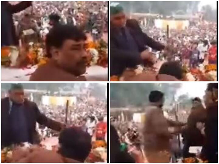 UP Election 2022: Farmer leader slapped BJP MLA from Unnao Sadar , Samajwadi Party shared this big thing by sharing video UP Election 2022:  मंच पर बैठे उन्नाव सदर से BJP MLA को किसान नेता ने रसीद किया थप्पड़, सपा ने वीडियो शेयर कर कही ये बड़ी बात