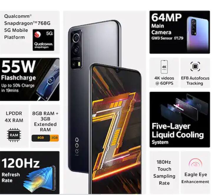iQOO Z3 5G: ਇਸ ‘ਚ 8 ਜੀਬੀ ਰੈਮ ਦੇ ਨਾਲ 128 ਜੀਬੀ ਦੀ ਇੰਟਰਨਲ ਮੈਮਰੀ ਦਿੱਤੀ ਗਈ ਹੈ। ਇਸ ‘ਚ 6.58 ਇੰਚ ਦੀ ਡਿਸਪਲੇਅ ਹੈ। ਇਸ ‘ਚ ਟ੍ਰਿਪਲ ਰਿਅਰ ਕੈਮਰਾ ਸੈੱਟਅੱਪ ਦਿੱਤਾ ਗਿਆ ਹੈ। ਫੋਨ ‘ਚ ਪਾਵਰ ਬੈਕਅੱਪ ਲਈ 4400mAH ਦੀ ਬੈਟਰੀ ਦਿੱਤੀ ਗਈ ਹੈ। ਐਮਾਜ਼ਾਨ ‘ਤੇ ਇਸ ਦੀ ਕੀਮਤ 18990 ਰੁਪਏ ਹੈ।