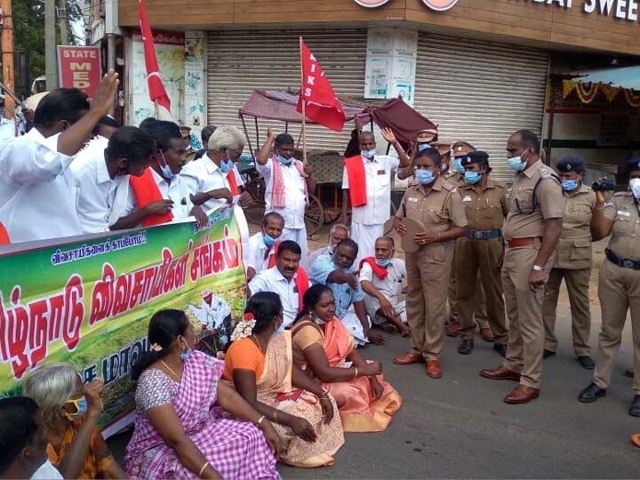 நீரில் மூழ்கிய பயிர்களுக்கு 30,000 இழப்பீடு கேட்டு தஞ்சையில் விவசாயிகள் சாலை மறியல்