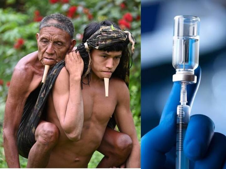 Covid: Viral photo highlights challenges of vaccinating Amazon தடுப்பூசிக்காக ஆறு மணிநேரம் தந்தையை முதுகில் சுமந்த பழங்குடியின மகன்… புகைப்படம் வைரல்! எங்கு எடுக்கப்பட்டது தெரியுமா?