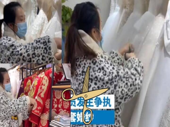 China: Video of chinese Woman Cutting Up 32 Wedding Dresses After Store Refuses to Return Her Deposit goes viral Watch Video: என் பணத்தை தரமாட்டேங்கிறீங்களா.... 8 லட்சம் மதிப்பு ஆடைகளை வெட்டி கிழித்த பெண் - வைரல் வீடியோ !