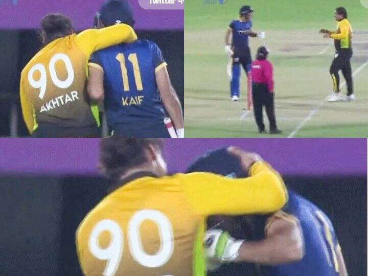 LLC 2022: गेंद फेंकने के बाद शोएब अख्तर ने पकड़ा कैफ का सिर, कहा- मारना चाहता था मुक्का, Video Legends League Cricket 2022 Shoaib Akhtar Wanted to punch Mohammad Kaif jokes Watch video LLC 2022: गेंद फेंकने के बाद शोएब अख्तर ने पकड़ा कैफ का सिर, कहा- मारना चाहता था मुक्का, Video