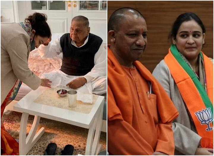 Uttar Pradesh Lucknow, After joining BJP, Aparna Yadav took blessings of father-in-law Mulayam, picture viral UP Elections: बीजेपी में शामिल होने के बाद अपर्णा यादव ने लिया ससुर मुलायम का आशीर्वाद, तस्वीर वायरल