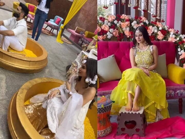 First Pictures From Mouni Roy Haldi Ceremony going viral on internet Mouni Roy Haldi Look: मौनी रॉय के हल्दी सेरेमनी की पहली तस्वीर हुई लीक, देखिए एक्ट्रेस के एक नहीं दो-दो हल्दी लुक