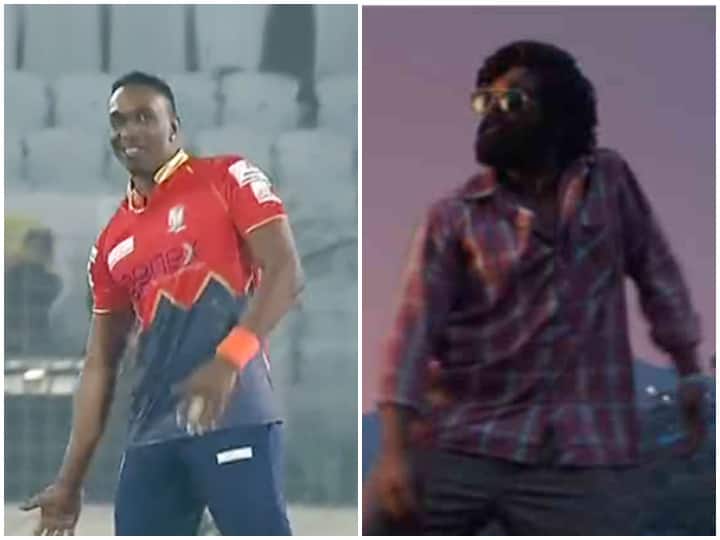 Dwayne Bravo performing pushpa the rise allu arjun hook up step srivalli after taking wicket in match watch viral clip Watch: विकेट चटकाने के बाद ब्रावो मैदान में करने लगे Pushpa का डांस स्टेप, देखता रह गया पूरा स्टेडियम