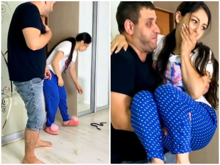 husband wife prank with snake make wife jump into husband lapse watch prank funny video Watch: पति ने पत्नी के साथ किया प्रैंक, सांप देखकर महिला की हो गई सिट्टी-पिट्टी गुल