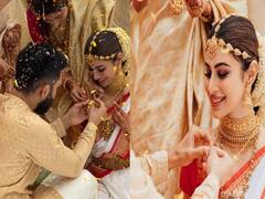 Mouni Roy Wedding Look: ट्रेडिशनल साड़ी, गणपति के डिजाइन वाले गहने पहन दुल्हन बनीं मौनी रॉय, देखिए सादगी से सजी तस्वीरें