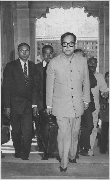 Union Finance Minister Pranab Mukherjee arrives at the Parliament House to present the Budget for 1984 -1985 on February 29, 1984 in New Delhi. The Budget was usually brought in in briefcase to the Parliament by the Union Finance Minister. (Getty Image)
