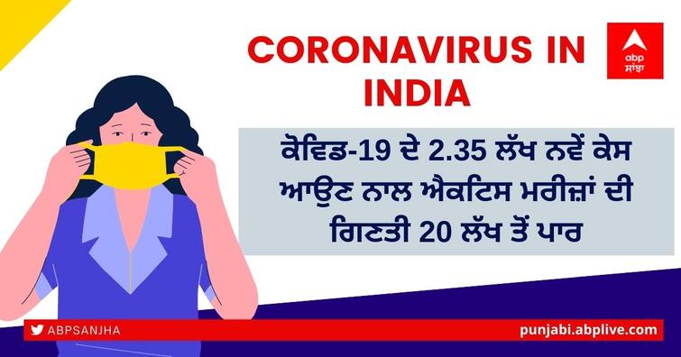 Coronavirus in India: In the last 24 hours, 2.35 lakhs new cases of Covid-19 and the number of Active patients crossed 20 lakh Coronavirus in India: ਪਿਛਲੇ 24 ਘੰਟਿਆਂ 'ਚ ਕੋਵਿਡ-19 ਦੇ 2.35 ਲੱਖ ਨਵੇਂ ਕੇਸ ਆਉਣ ਨਾਲ ਐਕਟਿਸ ਮਰੀਜ਼ਾਂ ਦੀ ਗਿਣਤੀ 20 ਲੱਖ ਤੋਂ ਪਾਰ