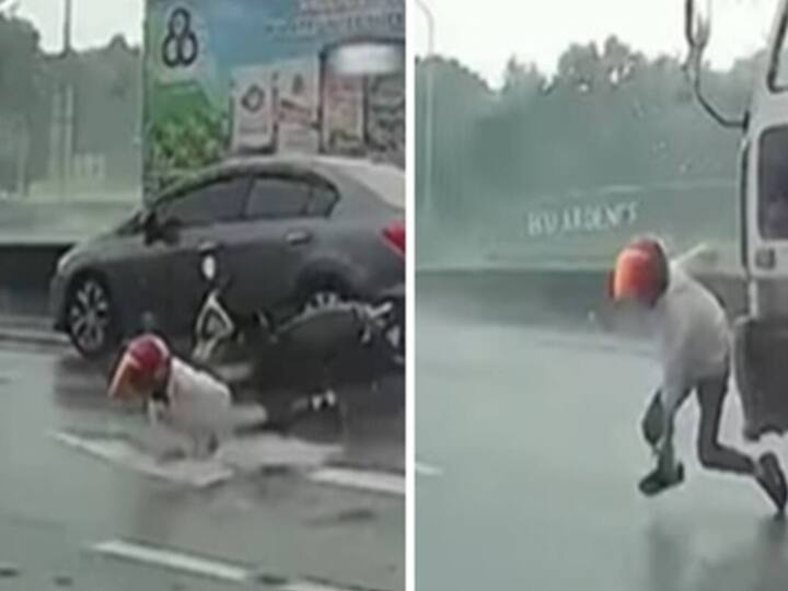 Motorcyclist nearly run over befor lorry crashing on highway Watch Video: சாலையில் விழுந்த இளைஞர் - நொடிப்பொழுதில் தப்பிய நிம்மதி.. பதைபதைக்கும் வீடியோ