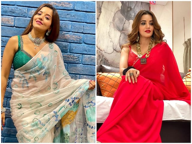 Bhojpuri Actress Monalisa Saree Looks Creating Buzz On Social Media, See Photos Here | Monalisa Saree Looks: भोजपुरी क्वीन मोनालिसा साड़ी में लगती हैं कमाल, पतली कमर को देख फैंस के दिलो